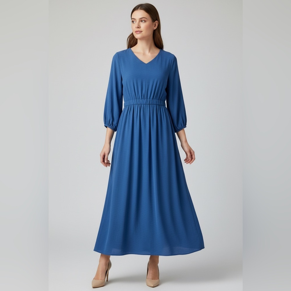 Elegant V-Neck Maxi Dress with Elastic Waist in Blue